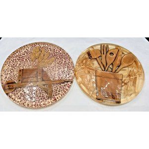 2 Vintage 5" Acrylic Lucite Resin Trivet Hot Pad Wood Wheelbarrow & Utensil Hold